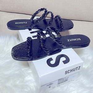 NIB 8B SCHUTZ Glitter jelly black pool slides mules sandalia Diana sandals NEW
